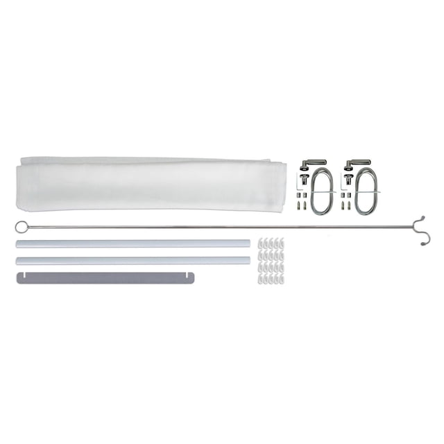 Canopia by Palram 10 ft. x 24 ft. White Patio Cover Shade set featuring white UV-resistant, wrinkle-free linen-like fabric curtain, two white horizontal rods, a long metal rod with loop and hook ends, mounting hardware including two U-shaped clamps with screws, multiple white curtain hooks, and a grey tension strip, designed to create shaded outdoor patio space and reduce sun heat.