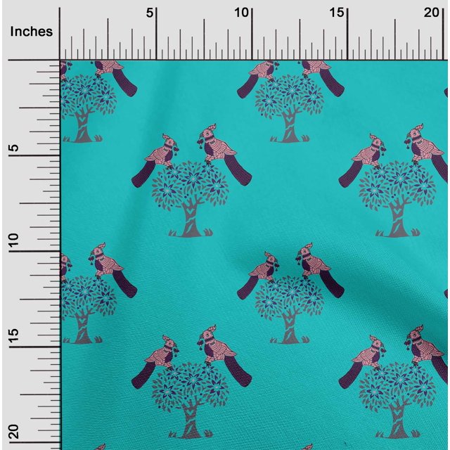oneOone Cotton Cambric Fabric Bird & Tree Block Print Fabric BTY 56 Inch Wide
