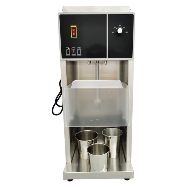 INTBUYING Commercial Electric Auto Ice Cream Machine Shaker Blender Mixer made of stainless steel with a 3400 RPM motor. The machine features a black control panel with a power switch, speed adjustment knob, and indicator lights. It includes three stainless steel molds for hand protection and a transparent shield for safety. Designed for blending ice cream into milkshakes, frozen yogurt, and flurry-style drinks, it operates at 110V with a 400W motor. Dimensions are 10.04 x 8.46 x 24.33 inches.