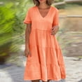 thumbnail image 1 of Meichang Robes d'Été pour Femmes 2025 Décontractées à Manches Courtes Col en V à Étages Longueur Genou Robes Trapèze Robe en Coton et Lin Fluide Tunique de Plage, 1 of 7