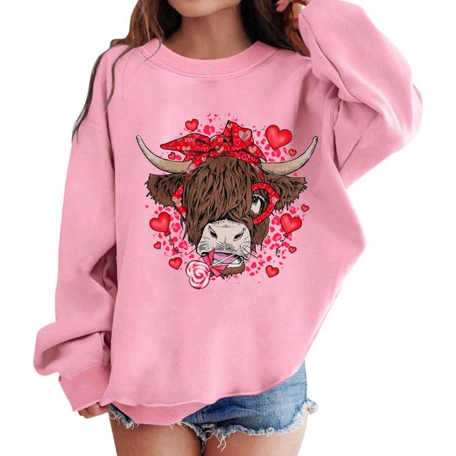 PMVFHDE Chandail Personnalisé Filles Mode Décontractée Col Rond Sans Capuche Manches Longues Imprimé Saint-Valentin Rose, 8-9 Ans