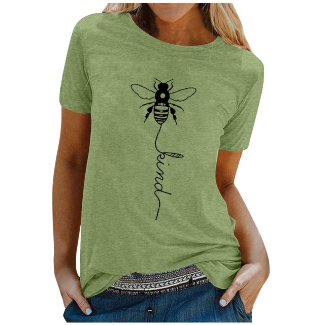 JIRNDf Hauts d'Été pour Femmes T-Shirts Tendance Imprimé Floral Col Rond Manches Courtes Décontracté Confortable Élégant Mignon Graphique T-Shirts pour Femmes Vert L
