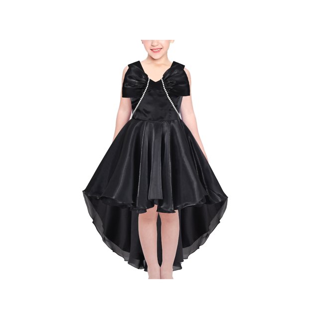 Robe Fille Noire Hi-lo Perles Organza Nœud Papillon Formelle Concours Robe de Bal 7 Ans