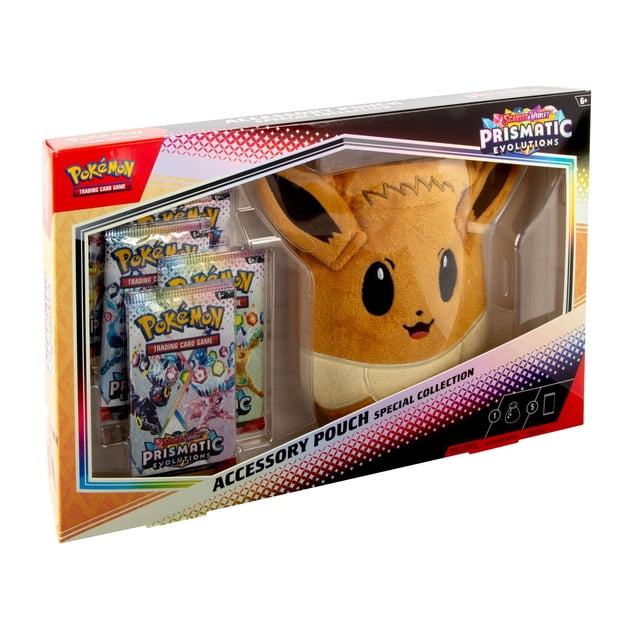 Pokemon JCC : Pochette d'Accessoires Évolutions Prismatiques Collection Spéciale Présentant une Pochette en Peluche Douce et Multicolore Eevee avec de Hautes Oreilles et Fermeture à Cordon, Emballée avec Cinq Paquets booster Scarlet & Violet-Prismatic Evolutions, Idéale pour Ranger des Pièces et de Petits Accessoires.