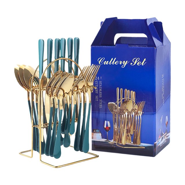 mmirethe 24x Stainless Steel Tableware Set Gift Idea For Friends And Loved Ones Sturdy And Durable Flatware green gold