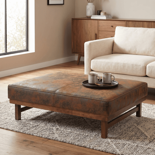 Large Ottoman Coffee Table Faux Leather Square Ottoman for Living Room, Bedroom, Entryway Brown + Walnut