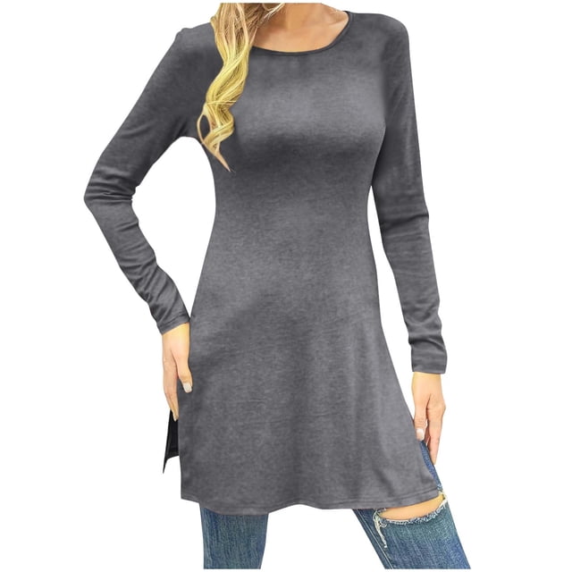 SROBPTY Longues Chandails à Manches pour Femmes, Mode pour Femmes à Manches Longues à Col Rond, Taille Pincée, Long Gris Foncé, S