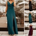 thumbnail image 1 of Femmes Banquet Robe Couleur Unie Plissé Sans Manches Profonde V Cou Haut Fendue Robe de Soirée Vêtements Féminins, 1 of 13