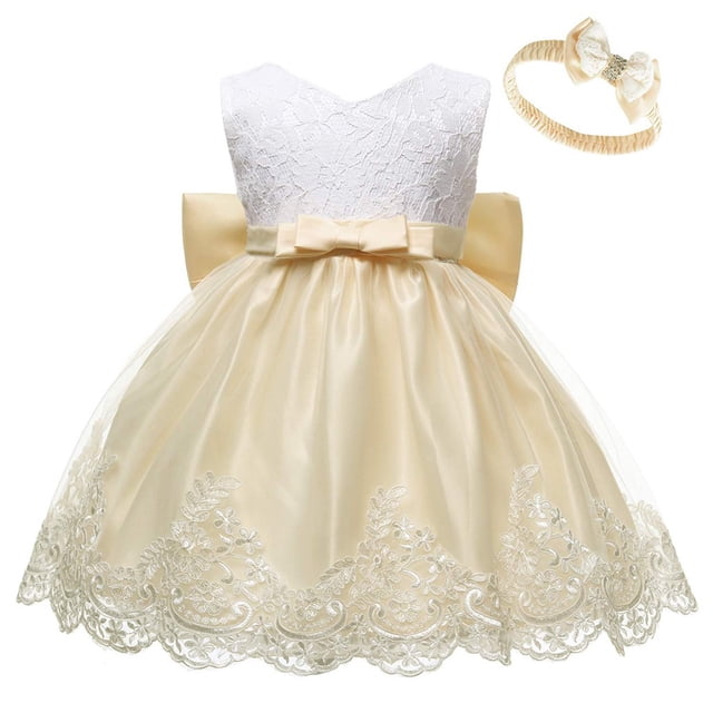 Robes pour Filles Robe Formelle pour Filles en Jaune avec un design Sans Manches, Comprenant un Corsage en Dentelle, un Nœud en satin à la Taille et une Jupe en tulle avec Broderie Florale. Comprend un Bandeau Assorti. Convient aux Mariages, Fêtes et occasions Formelles.