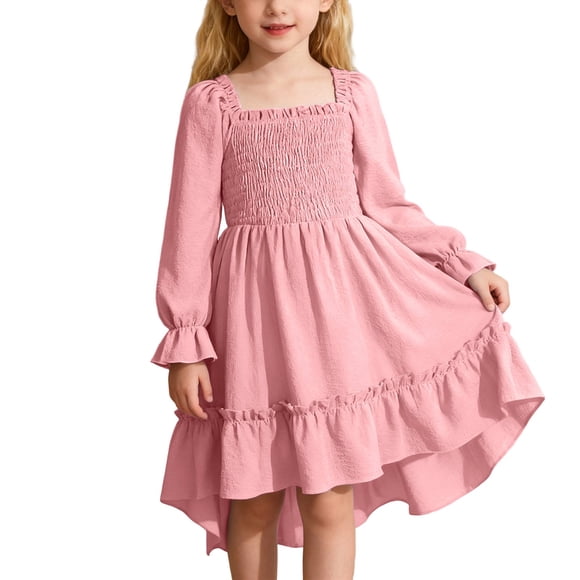 oqasdz Girls Dress Summer Dress with Square Neck Flutter Sleeves and Flared Hem Elegant Ruffle Trim Boho Length Party Dress for Toddler Kids