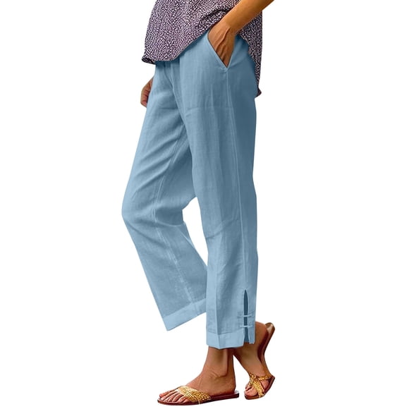 cfhntfmh Women's Linen Pants Lightweight Cropped Pants with Side Split Casual Beach Drawstring Elastic Waist Trousers