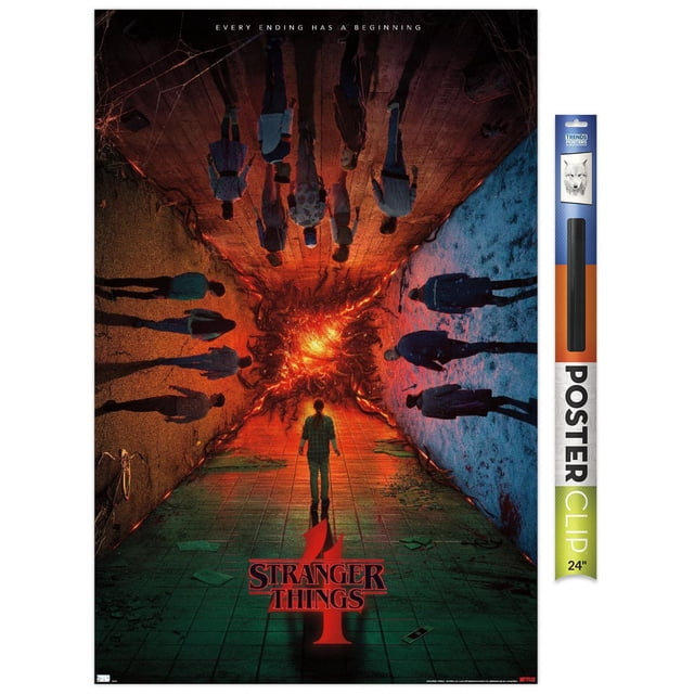 Netflix Stranger Things : Saison 4 - Affiche Teaser de Groupe en une Feuille, 22,375 Pouces x 34 Pouces, Montrant une Vue Frontale de Personnages Se Tenant Autour d'Une fissure Ardente Lumineuse dans un corridor avec un Fond Bleu et orange Séparés et un Plancher Carrelé avec des Débris. le logo Rouge « Stranger Things 4 » Se Trouvant au Centre Inférieur. Imprimé sur Papier Brillant avec Supports Adhésifs, Convient à la Déco de la Maison Ou à la Décoration de Fêtes.