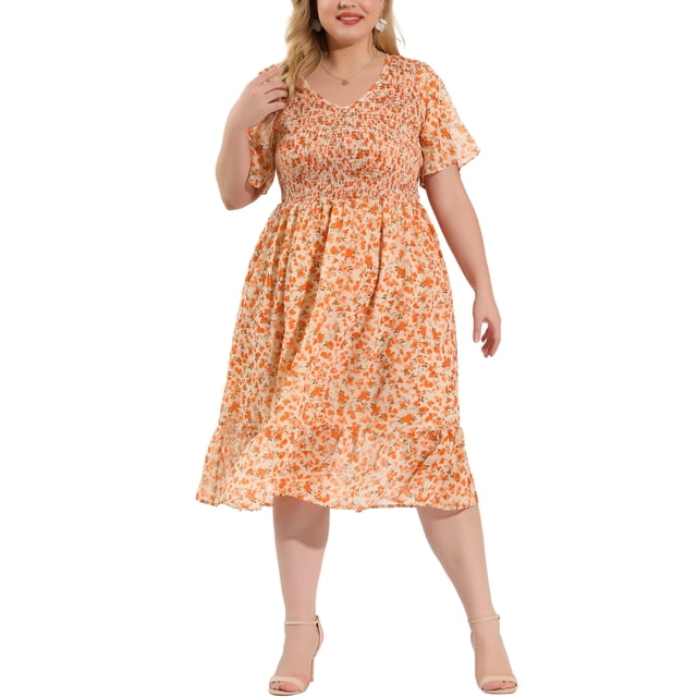 GRACE & GRANDEUR Robes Midi Évasées Élégantes à Smocks à Fleurs pour Femmes Grande Taille2X Blanc