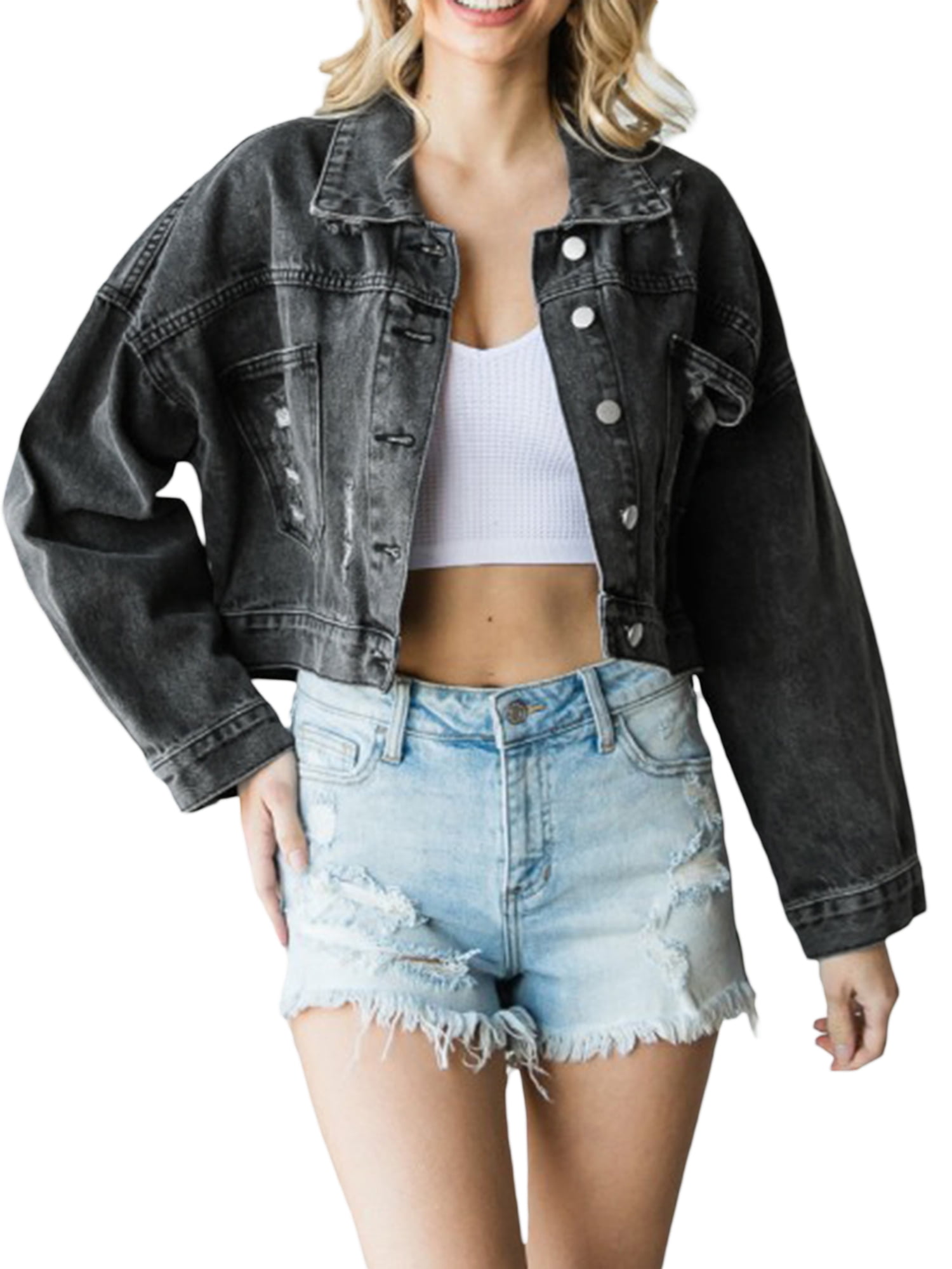 Kmbangi Women Jacket with Rhinestone Tassel Casual Button down Ripped Denim Crop Jean Jacket Spring Fall Outwear