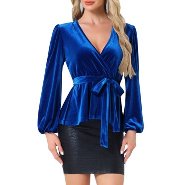 INSPIRE CHIC Women's Velvet Blouse V Neck Long Sleeve Tie Waist Peplum Tops XS Royal Blue