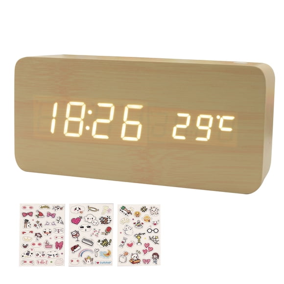 Wooden digital alarm clock with 8 levels of adjustable brightness, LED time, date, temperature display, and sound control, suitable for bedroom, nightstand, and office.