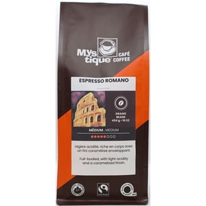 Mystique Coffee, ESPRESSO ROMANO, Haricot entier Coffee, Mélanger, 100% Arabica, Rôti moyen, Commerce équitable & biologique, 454g