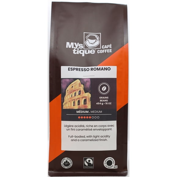 Mystique Coffee, ESPRESSO ROMANO, Whole Bean Coffee, Blend, 100% Arabica, Medium Roast, Fairtrade & Organic, 454g