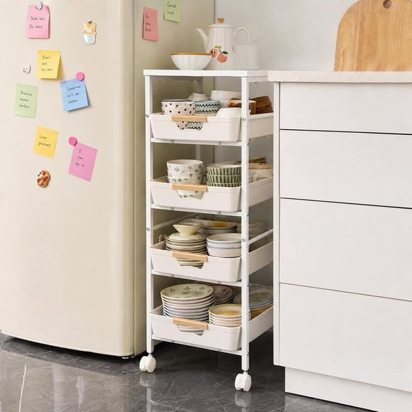 Slim Rolling Utility Cart 5-Tier with Pull-Out Basket, Mobile Kitchen Pantry Organizer on Wheels for Small Spaces, White