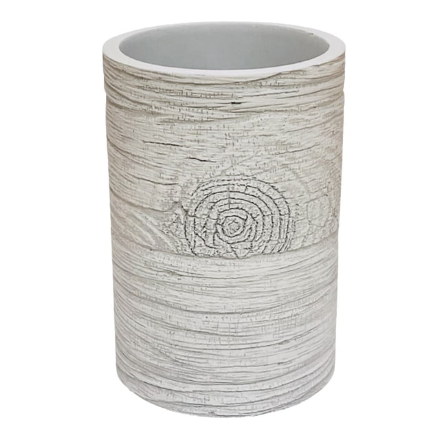HOME TRENDS WHITE WOOD TUMBLER, a cylindrical bathroom countertop accessory with realistic white wood grain and tree knot texture, made of durable resin for easy care, coordinating with other bathroom accessories and matching most bathroom colours.