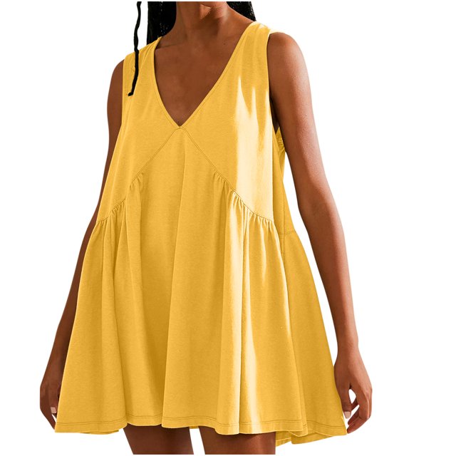Penkiiy Robe d'Été Sans Manches pour Femme, Mini, Décontractée, Ample, Col en V, Robe Soleil Évasée Fluide de Plage avec Poche, Robes Plissées, m Jaune