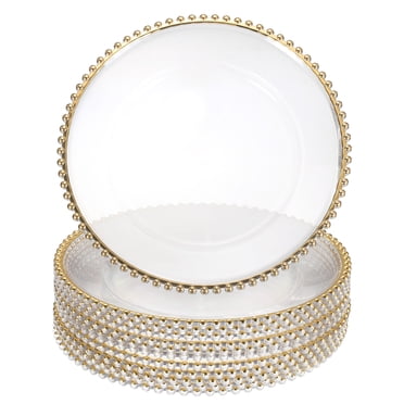 Uxcell 12pcs Clear Charger Plates Bulk, 13" Plastic Round Charger Plates with Bead Trim Dinner Dessert Plate for Wedding Party Event Table Setting Decoration, Light Gold