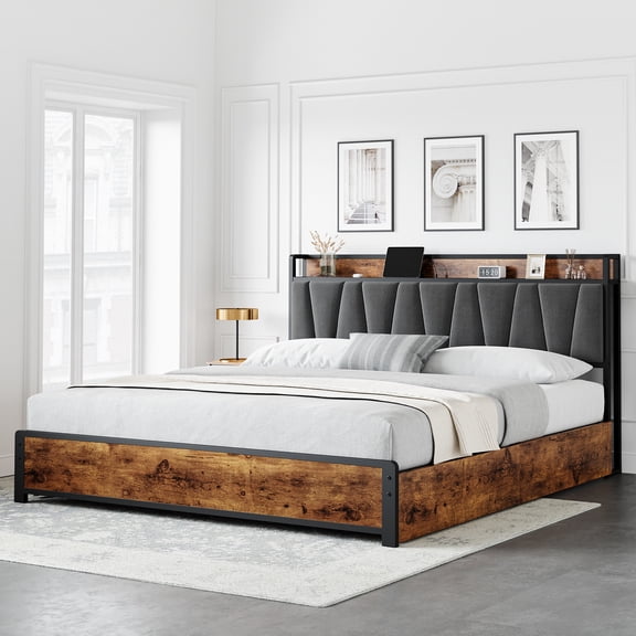 Cadre de Lit Très Grand avec 4 Tiroirs de Rangement, Tête de Lit avec 2 Prises et 2 Ports USB, Lit Plateforme Rembourré, Conception Silencieuse, Aucun Sommier Requis, Brun Vintage et Gris