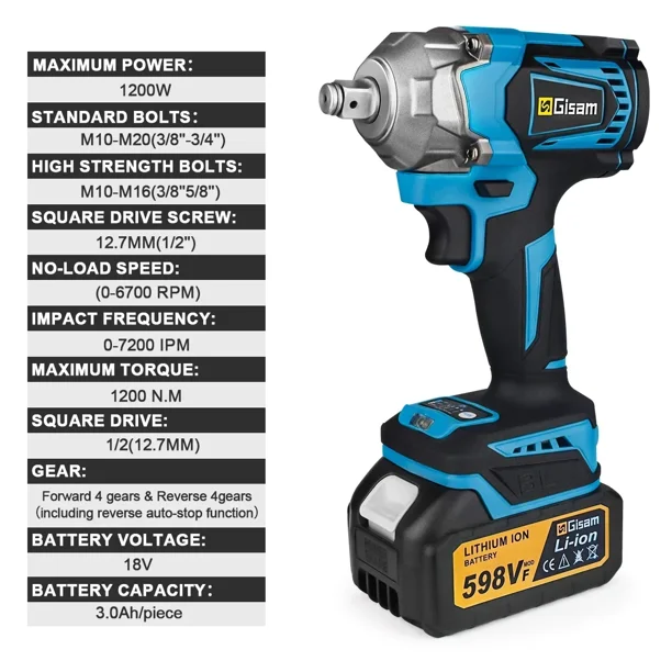 Clé à Choc Sans Fil 1200 Nm – 2 Batteries 18V, Puissance 1200W, Prête à L'emploi