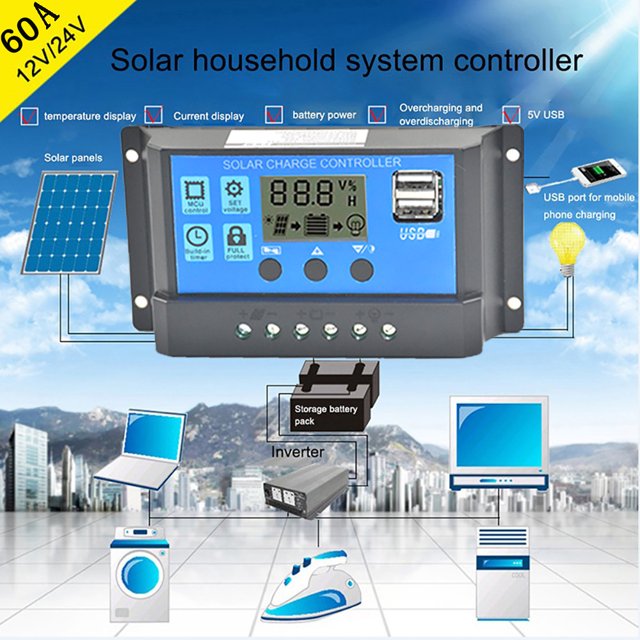 TopLLC Régulateur de Panneau Solaire Contrôleur de Charge USB 60A 12V-24V avec Chargeur USB en Liquidation