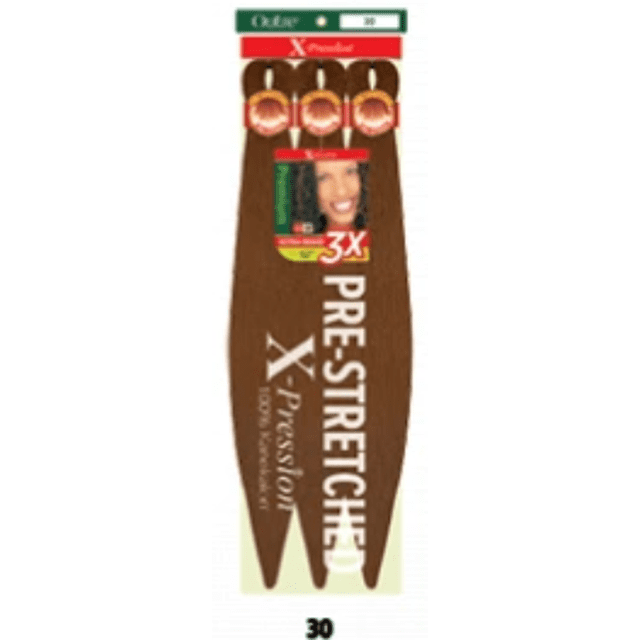 OUTRE X-Pression Pre-Stretched Braid 3X 52-inch hair extensions in a long, pre-stretched, kinky straight style. The packaging displays three bundles of hair in color 30, suitable for braiding and styling. Features include flame-retardant material and hot water setting compatibility.
