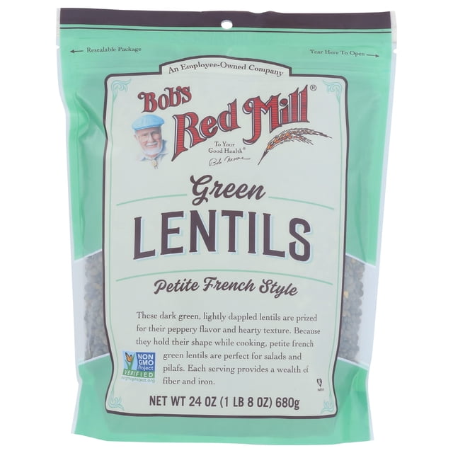 Bob's Red Mill Petite French Green Lentils, 24 Oz package. The resealable bag has a green background with bold red and black text. It highlights the lentils' peppery flavor, hearty texture, and versatility for salads, soups, and pilafs. The package is Non-GMO Project Verified and offers 13g of protein and 18g of dietary fiber per serving.
