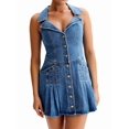 thumbnail image 1 of Women'S Sleeveless Denim Dresses Chic Single Breasted Ruffed Hem Mini Length Dress Blue M, 1 of 8