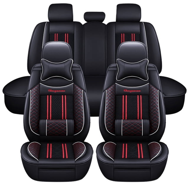 Maidao Car Seat Covers Leather Set Universal for Honda for Ridgeline 2006-Present 5 Seats Waterproof Front Rear Cushion Protector with Pillow and Headrest Black