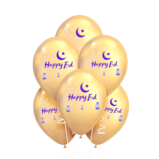 Happy Eid Balloons - 10, Twelve Inch balloons per package. The image shows a set of pearl gold latex balloons with 'Happy Eid' text, crescent moon, stars, and lantern designs in purple. Each balloon is helium compatible and measures 12 inches. Suitable for Eid celebrations and festive decorations.