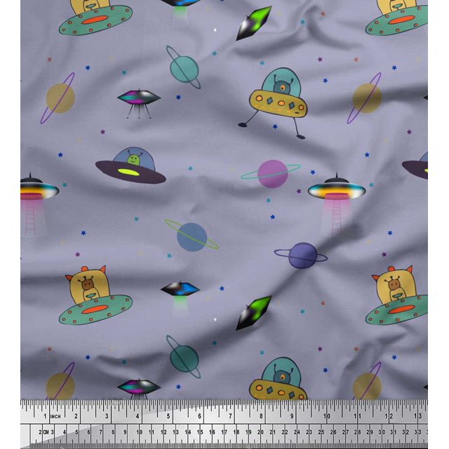 Soimoi Cotton Cambric Fabric Planet,Animal & Spaceship Cartoon Printed Fabric 1 Yard 42 Inch Wide