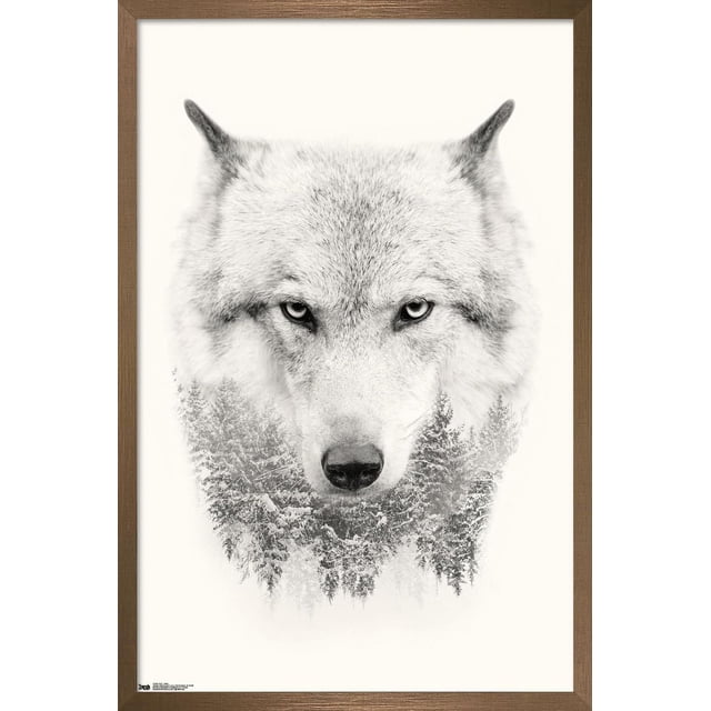Wolf - Trees Wall Poster, 22.375" x 34", depicts a centered, front-facing close-up of a wolf's head with detailed fur and piercing eyes blending into a snowy pine forest at the base, printed on glossy satin finish paper with a brown wood frame, ideal for home décor and wall art.