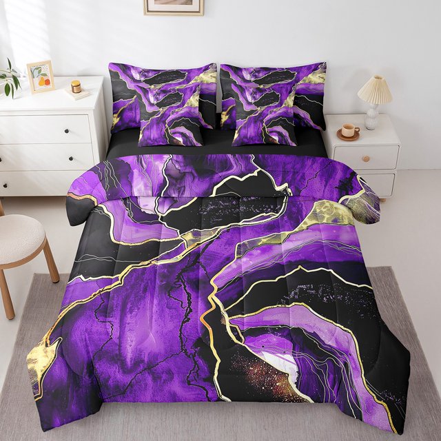 YST Purple Marble 7-Piece Abstract Aesthetic Bedding Set, Queen Size Comforter Set, Stone Pattern