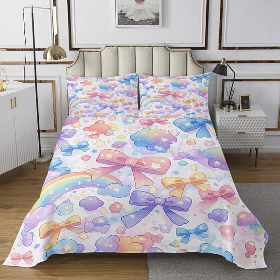 YST Kawaii Rainbow Bedspread Set King Size, Cute Bow Knot Quilt Set For Bedroom, Cartoon Clouds Bows Printed Kids Adults Soft Luxury Bedspread & Coverlet Sets, Purple Pink Stars Bedding Set