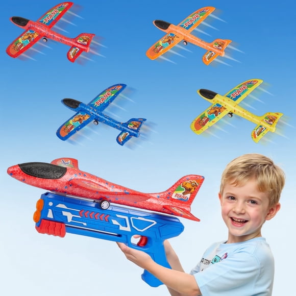 Lilian&Gema Ensemble de 4 Jouets Lanceurs d'Avion, Avion Catapulte avec Autocollants de Dinosaures pour Garçons, Jouet Planeur en Mousse, Jouets Volants d'Extérieur Cadeaux pour Enfants de 3 à 12 Ans