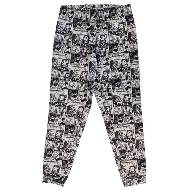 Ladies jogger sleep pants featuring a black and white comic strip design with smiley faces, text, and various cartoon characters.