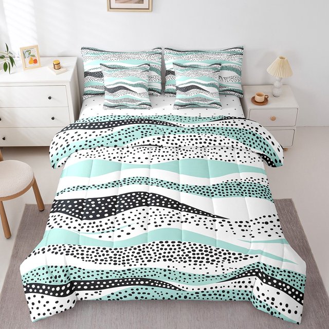YST Geometric Wave 7-Piece Comforter Set, Teal White, Modern Abstract Art, Full
