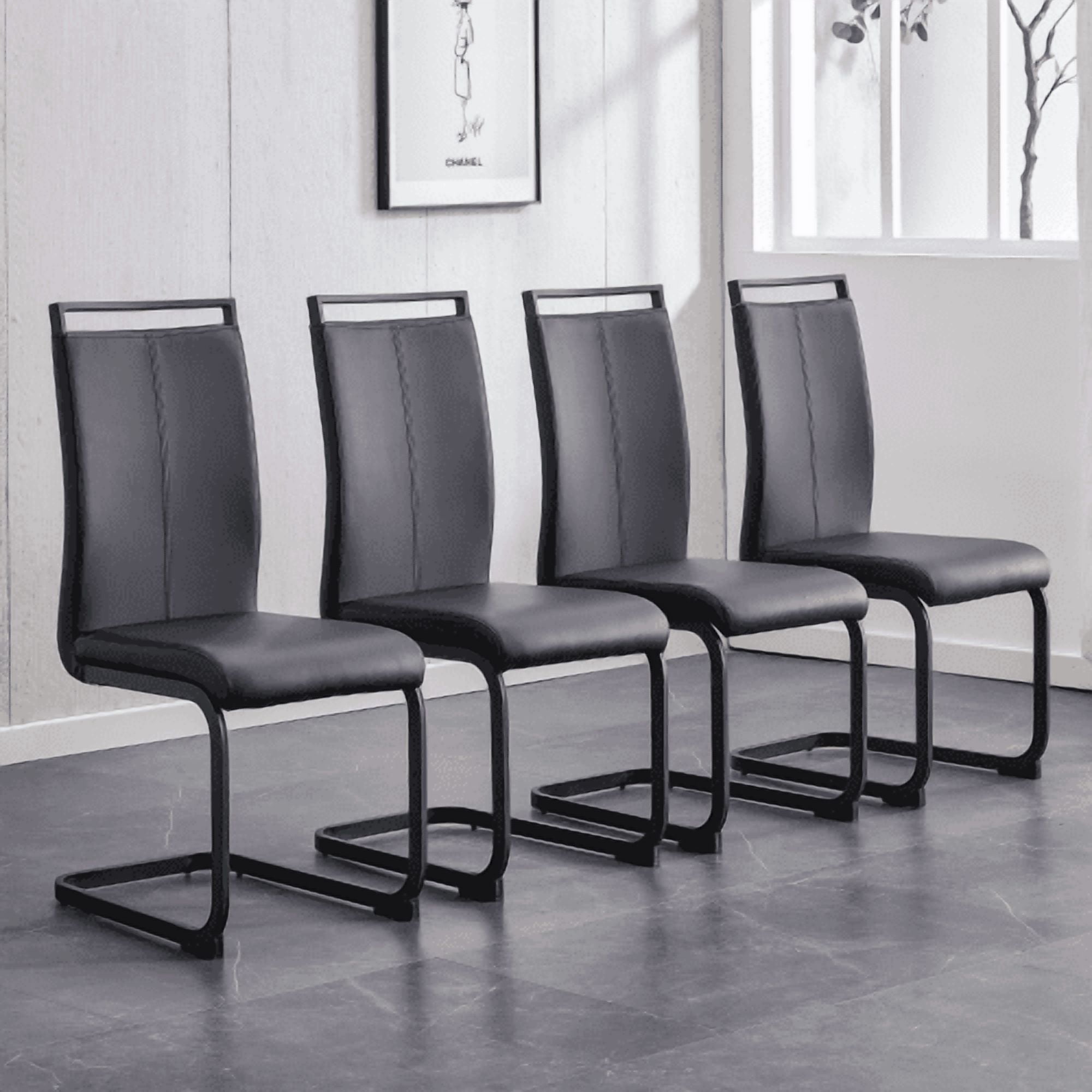 Noble House Ensemble de 4 chaises de salle à manger noires en cuir PU : structure en métal noir