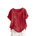 thumbnail image 1 of Dealovy Hauts en Coton et Lin pour Femmes, Col Rond, Manches Courtes, T-Shirts Brodés à Motif Floral, T-Shirts Grande Taille, 1 of 3