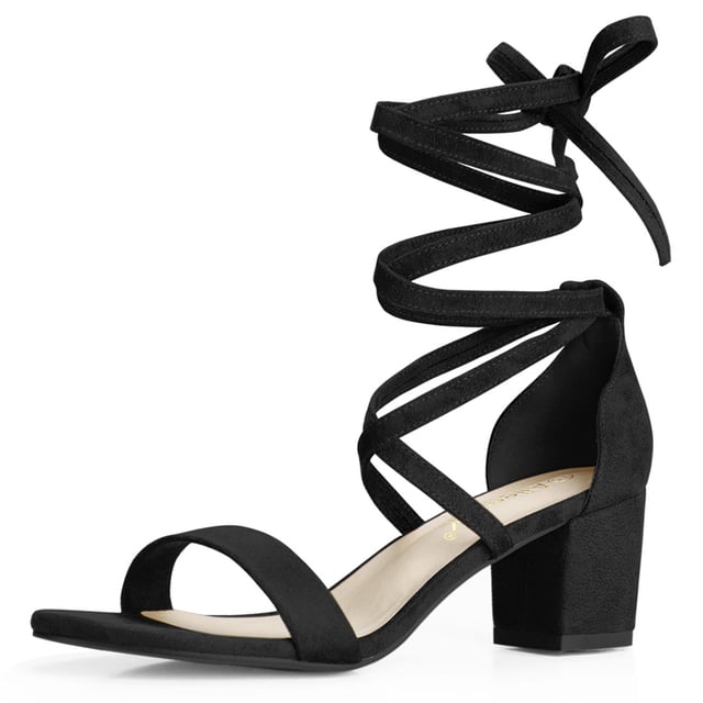 BLISSFUL STEP Women's Open Toe Lace Up Mid Chunky Heeled Sandals
