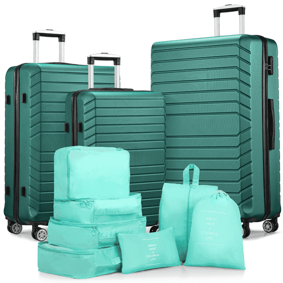 Ensembles de Bagages 3 Pcs, Ensemble de Valises de Voyage 20/24/28 Pouces avec 7 Sacs Organisateurs, Vert