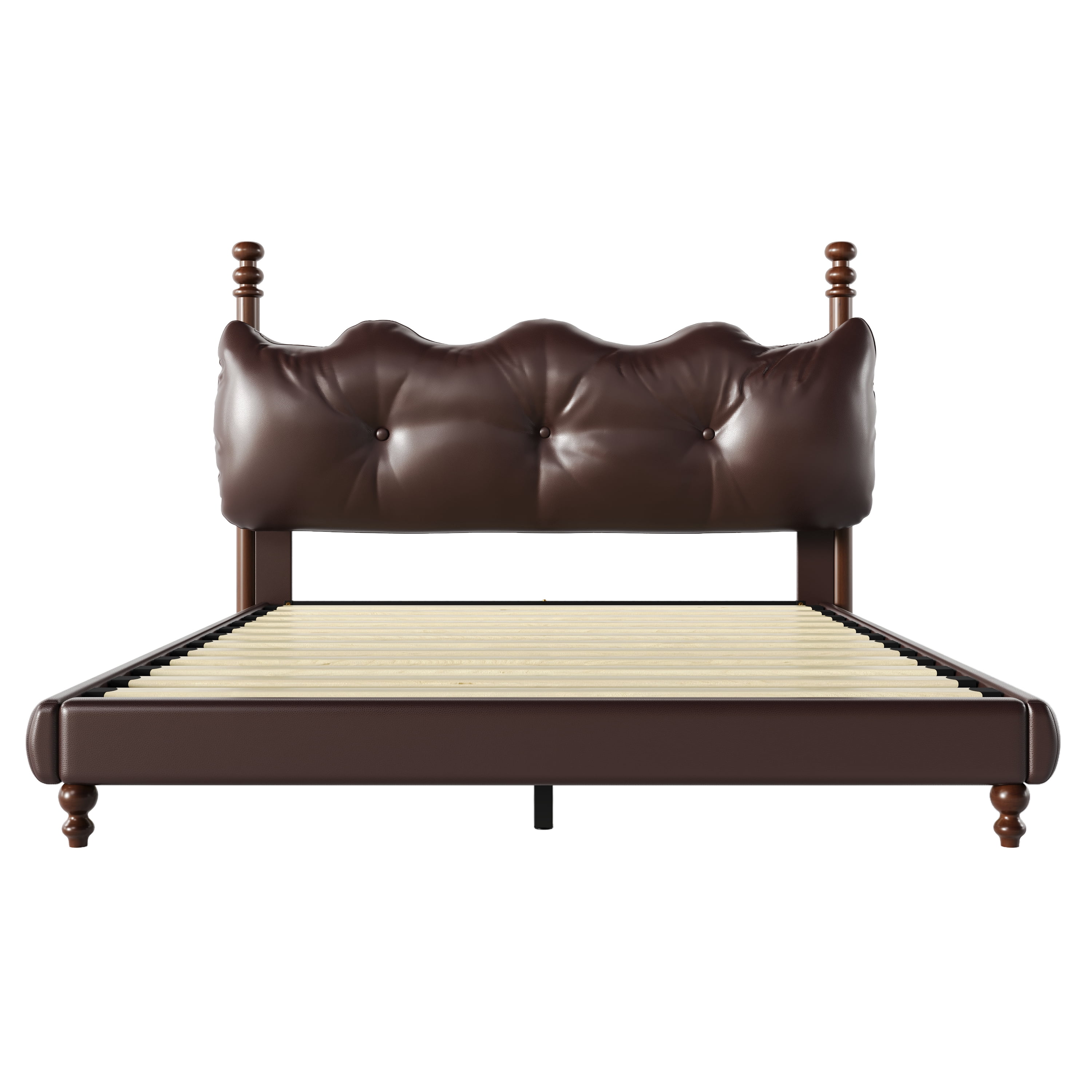 Noble House Lit Plateforme Grand Rembourré avec Tête de Lit, Cadre de Lit en Cuir PU avec Poteaux en Bois, Brun