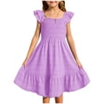thumbnail image 1 of XIMIN Robes Décontractées pour Filles, Robe Midi à Encolure Carrée Froncée avec Manches à Volants et Poches, Sans Manches, Fluide, Robe d'Été pour la Plage, les Vacances et le Quotidien (Violet, 9-10 Ans), 1 of 5