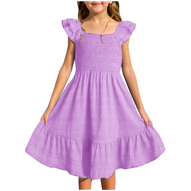 XIMIN Robes Décontractées pour Filles, Robe Midi à Encolure Carrée Froncée avec Manches à Volants et Poches, Sans Manches, Fluide, Robe d'Été pour la Plage, les Vacances et le Quotidien (Violet, 9-10 Ans)