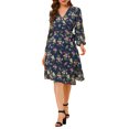 thumbnail image 2 of INSPIRE CHIC Robe Portefeuille Bohème à Fleurs pour Femme, Col en V, Manches Bishop, Longueur sous le Genou, m Bleu Foncé, 2 of 7