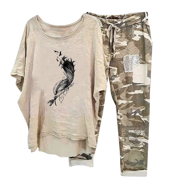 Mikilon Ensemble de Détente Confortable pour Femmes, Tenue d'Intérieur 2 Pcs, Ensemble de Détente Imprimé, Haut à Manches Mi-Longues à Col Rond + Pantalon, Kaki-B S